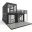 Foto 3D-Visualisierung des Eventcontainer Entwurf 65, bestehend aus drei anthrazitfarbenen Containermodulen auf zwei Etagen, einer 18 qm großen Dachterrasse mit Geländer, zwei Außentreppen und großflächigen Glasfronten.