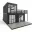 Foto 3D-Visualisierung des Eventcontainer Entwurf 65, bestehend aus drei anthrazitfarbenen Containermodulen auf zwei Etagen, einer 18 qm großen Dachterrasse mit Geländer, zwei Außentreppen und großflächigen Glasfronten.