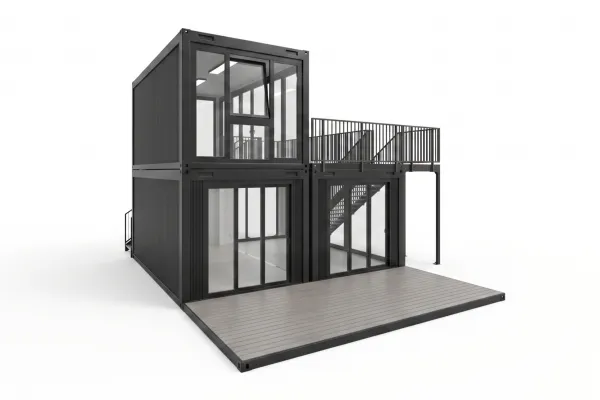 Eventcontainer | Entwurf 65 - Foto 3D-Visualisierung des Eventcontainer Entwurf 65, bestehend aus drei anthrazitfarbenen Containermodulen auf zwei Etagen, einer 18 qm großen Dachterrasse mit Geländer, zwei Außentreppen und großflächigen Glasfronten.