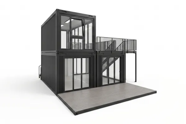 Eventcontainer | Entwurf 65 - Foto 3D-Visualisierung des Eventcontainer Entwurf 65, bestehend aus drei anthrazitfarbenen Containermodulen auf zwei Etagen, einer 18 qm großen Dachterrasse mit Geländer, zwei Außentreppen und großflächigen Glasfronten.