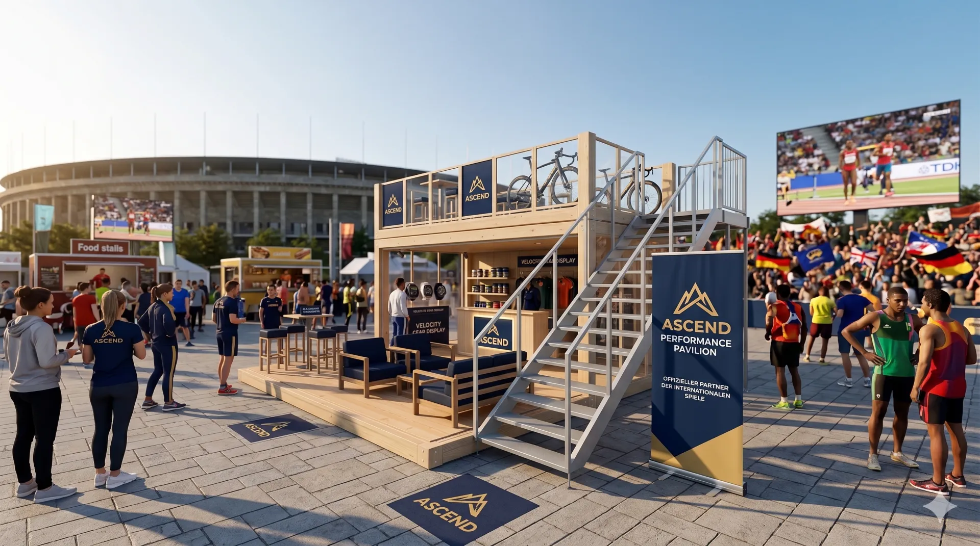 Setzen Sie neue Maßstäbe: Der Promotion-Pavillon „Ascend“ bietet exklusive Einblicke und maximale Fernwirkung für Ihr nächstes Sport-Event. Ein moderner, zweistöckiger Event-Pavillon aus hellem Holz und Stahl auf einem belebten Stadionvorplatz. Das Modul verfügt über eine untere Verkaufsfläche mit Sitzgelegenheiten und eine obere Terrasse mit Fahrrädern und Logo-Bannern der Marke „Ascend“.