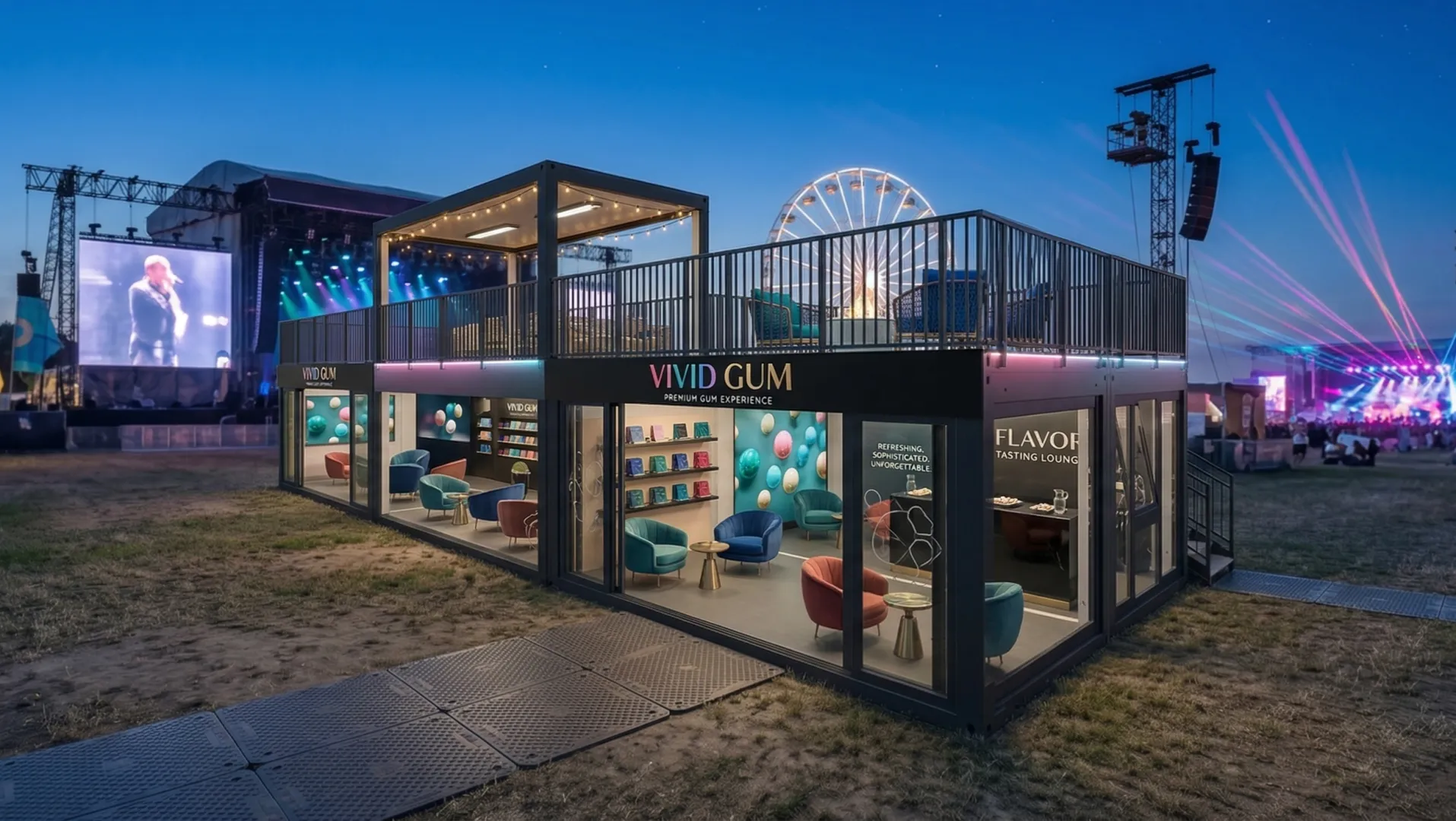 Großflächiger Festivalcontainer für die Lebensmittel- und Getränkeindustrie. Showroom für Produkttests (Tasting) mit modernem Interieur und weitläufiger Event-Dachterrasse. Festivalcontainer Food-Experience „Vivid Tasting“