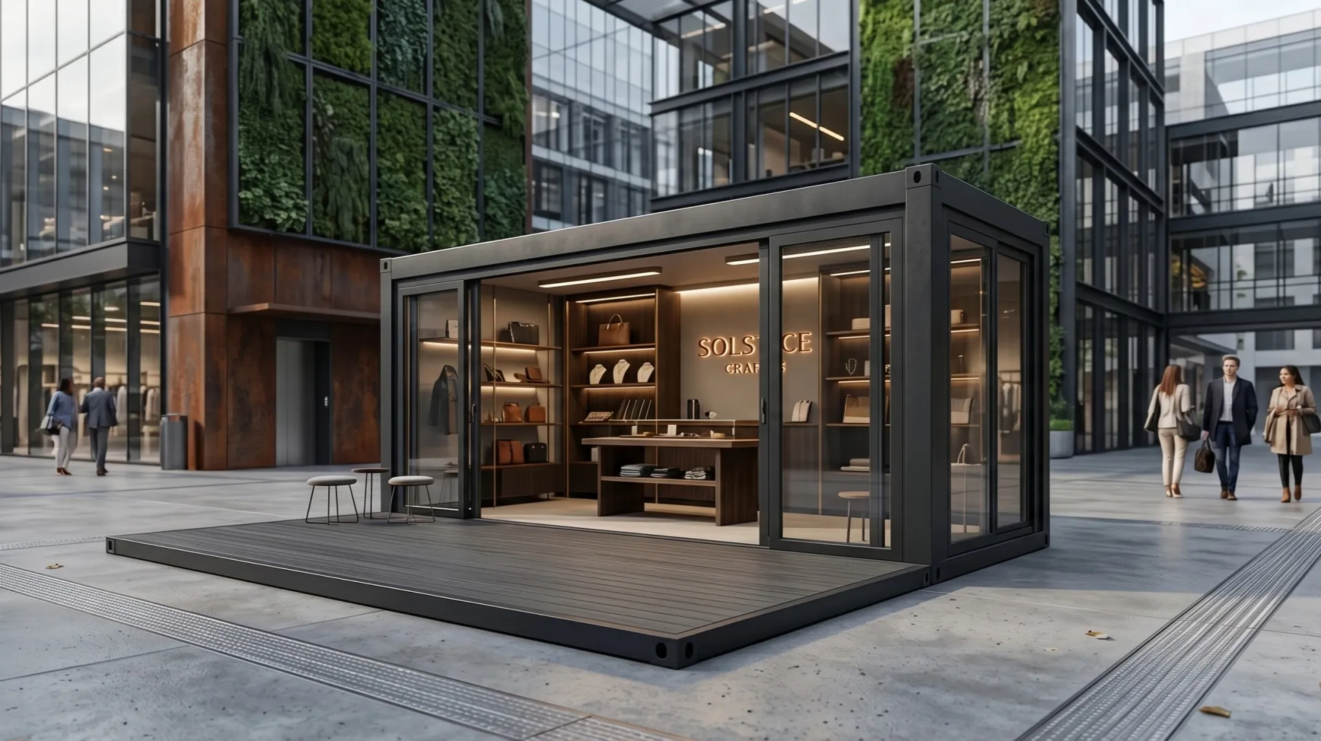 Stil trifft Funktionalität: Der Pop-Up Store Premium-Retail schafft Raum für unvergessliche Markenerlebnisse und flexibles Shopping direkt beim Kunden. Moderner, schwarzer Pop-Up Store in Container-Bauweise mit großen Glasfronten, Holzterrasse und hochwertiger Innenbeleuchtung für Retail-Zwecke in einem urbanen Umfeld.