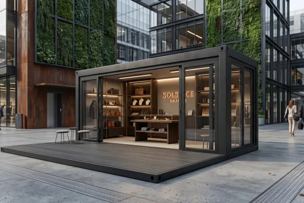 Pop-Up Store Premium-Retail - Foto Moderner, schwarzer Pop-Up Store in Container-Bauweise mit groĂźen Glasfronten, Holzterrasse und hochwertiger Innenbeleuchtung fĂĽr Retail-Zwecke in einem urbanen Umfeld.