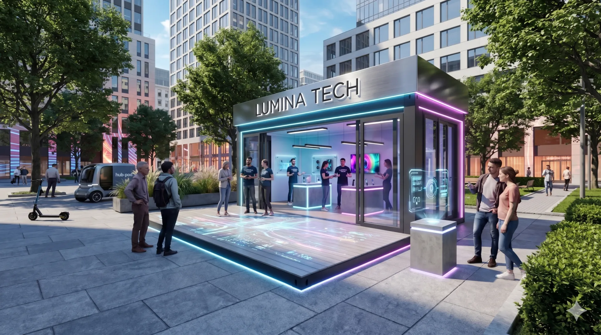 Zukunft zum Anfassen: Setzen Sie Ihre Technik-Highlights in unserem voll anpassbaren Roadshowcontainer perfekt in Szene – überall dort, wo Ihre Kunden sind. Ein moderner, schwarzer Roadshowcontainer namens "LUMINA TECH" in einer urbanen Umgebung mit großen Glasfronten, futuristischer LED-Beleuchtung in Blau und Pink sowie Personen, die technische Geräte im Innenraum begutachten.