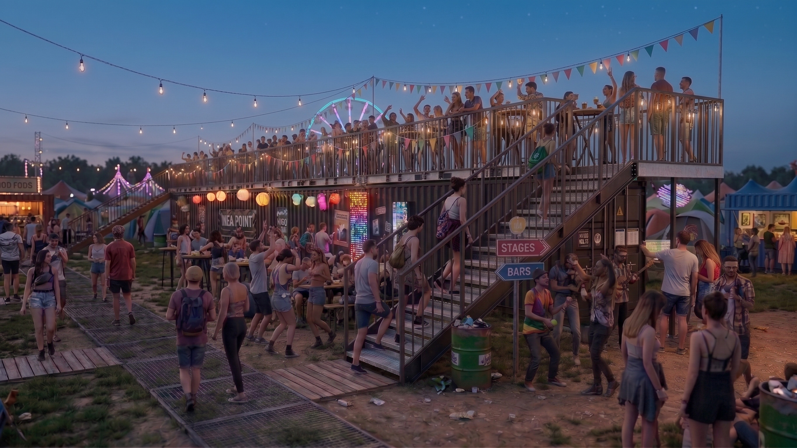 Zweistöckige mobile Festival-Tribüne aus Seecontainern mit feiernden Menschen auf der Dachterrasse bei Dämmerung