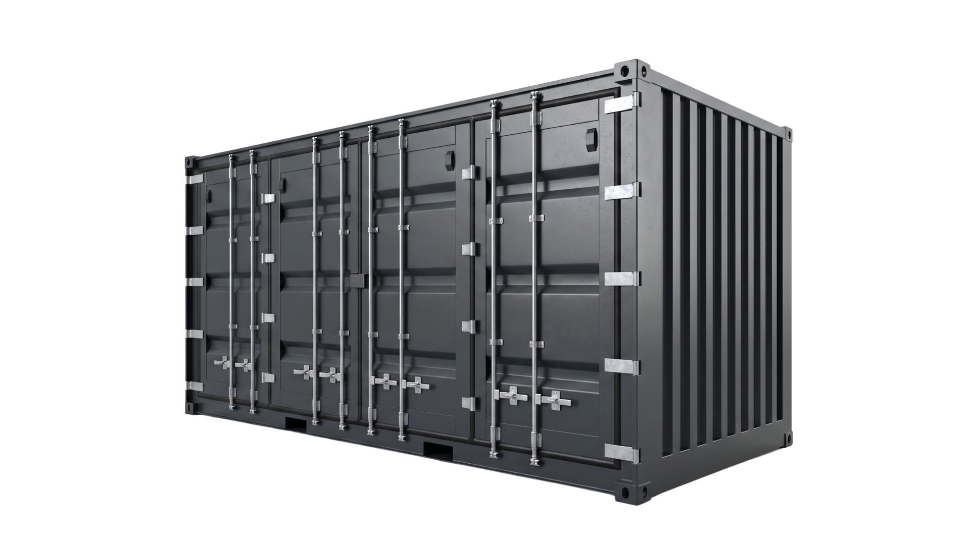 Anthrazitfarbener 20 Fuß HighCube Container mit geschlossenem Side-Door-Seitenzugang und Verriegelungsstangen auf weißem Hintergrund (RAL 7016)