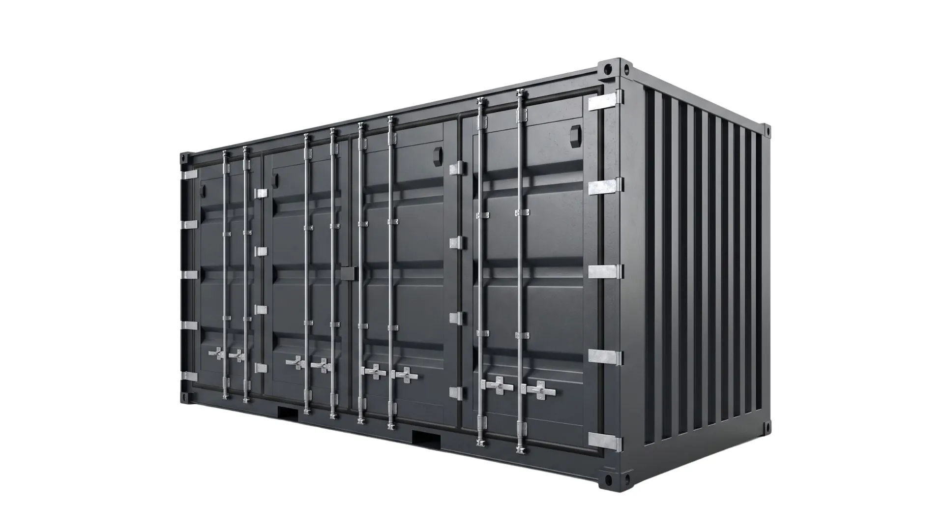 20 Fuß HighCube Side Door Container in Anthrazit (RAL 7016): Mit vollständig öffenbarer Längsseite und Extra-Raumhöhe ideal für flexible Event- und Messestände. Anthrazitfarbener 20 Fuß HighCube Container mit geschlossenem Side-Door-Seitenzugang und Verriegelungsstangen auf weißem Hintergrund (RAL 7016)