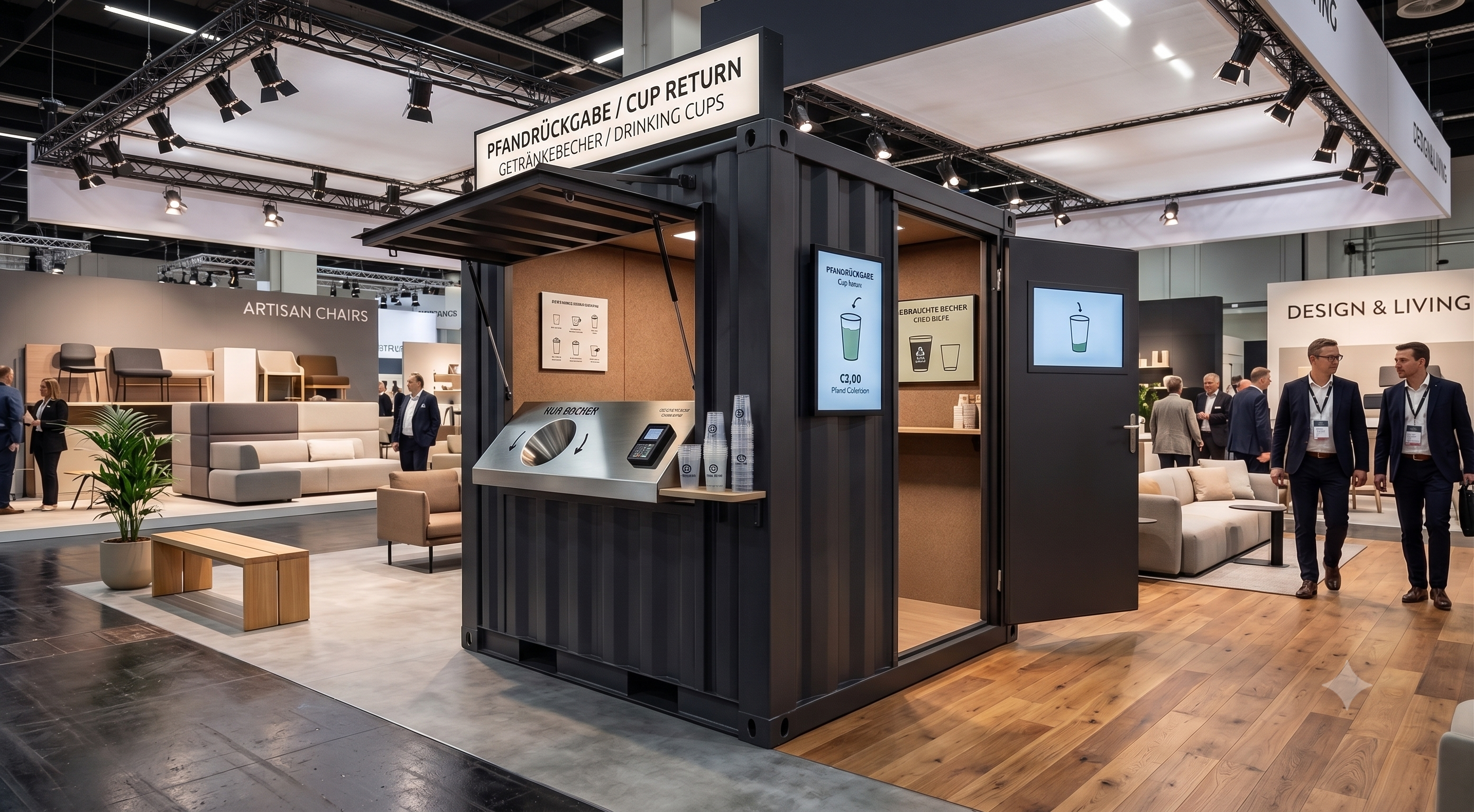 Ein dunkelgrauer Überseecontainer, der als mobile Pfandrückgabestation auf einer Messe aufgebaut ist, ausgestattet mit Einwurföffnungen für Becher, digitalen Displays und Beschilderung auf Deutsch und Englisch.