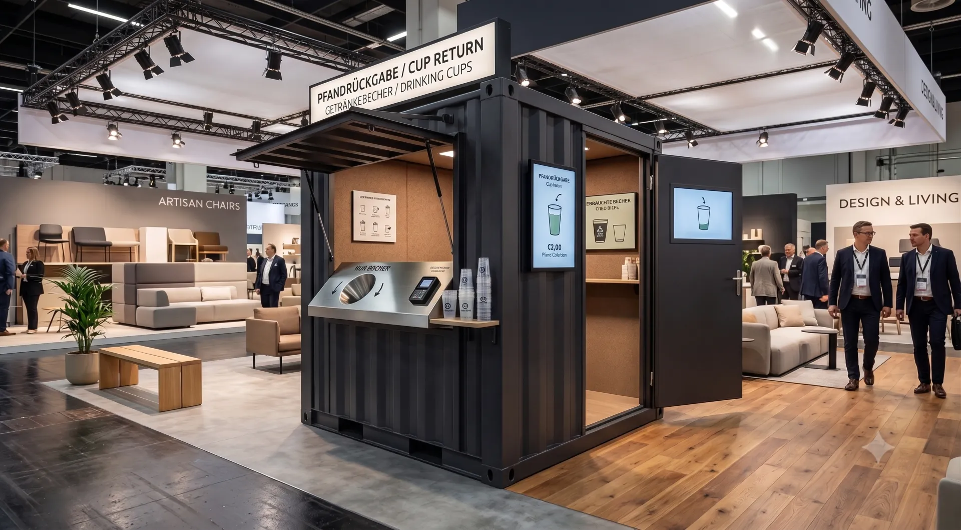 Nachhaltigkeit wird messbar einfach: Unser flexibler Pfandrückgabe-Container sorgt für reibungslose Becherlogistik und zufriedene Gäste auf jedem Event. Ein dunkelgrauer Überseecontainer, der als mobile Pfandrückgabestation auf einer Messe aufgebaut ist, ausgestattet mit Einwurföffnungen für Becher, digitalen Displays und Beschilderung auf Deutsch und Englisch.