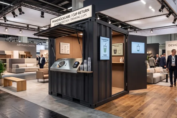 Pfandrückgabe-Container - Foto Ein dunkelgrauer Überseecontainer, der als mobile Pfandrückgabestation auf einer Messe aufgebaut ist, ausgestattet mit Einwurföffnungen für Becher, digitalen Displays und Beschilderung auf Deutsch und Englisch.