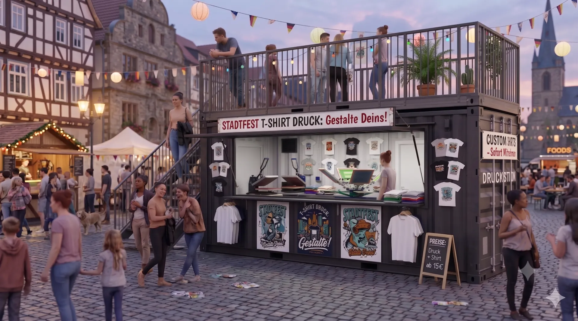 Zwei Ebenen für Ihren Erfolg: Der Roadshow-Seecontainer mit Dachterrasse vereint funktionalen Promotionstand und exklusive Lounge-Fläche in einem flexiblen Modul. Ein anthrazitfarbener 20-Fuß-Seecontainer, der als mobiler Kiosk für T-Shirt-Druck auf einem belebten Stadtfest umgebaut wurde. Das Modul verfügt über eine integrierte Verkaufstheke, ein großes Vordach und eine begehbare Dachterrasse mit Geländer, die über eine Stahltreppe an der Seite erreichbar ist. Auf der Terrasse und um den Container herum befinden sich Eventbesucher.
