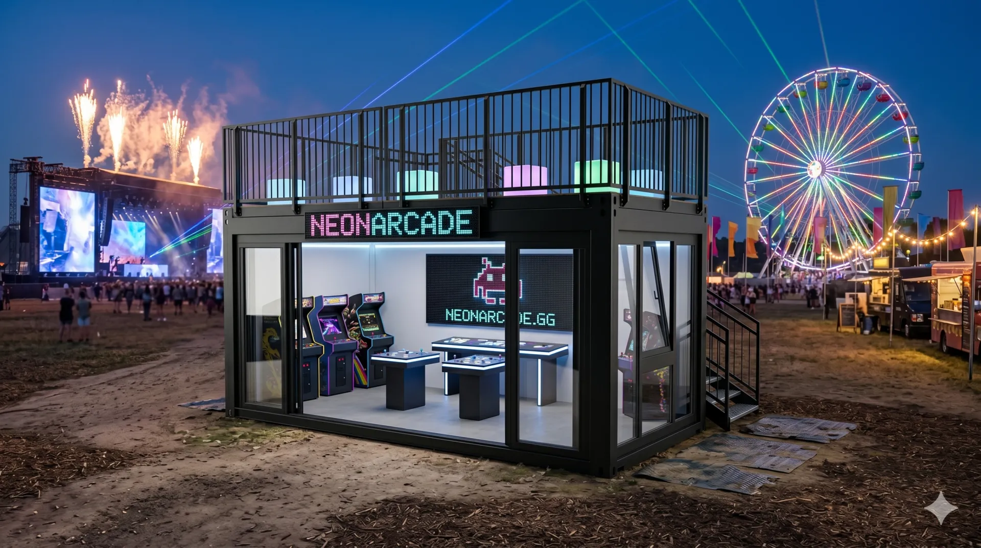 Mobiler Festivalcontainer für die Gaming-Branche. Ausgestattet als Neon-Arcade mit Spielautomaten, LED-Beleuchtung und begehbarer Dachterrasse für E-Sports-Events und Promotion. Festivalcontainer Gaming & E-Sports „Neon Arcade“