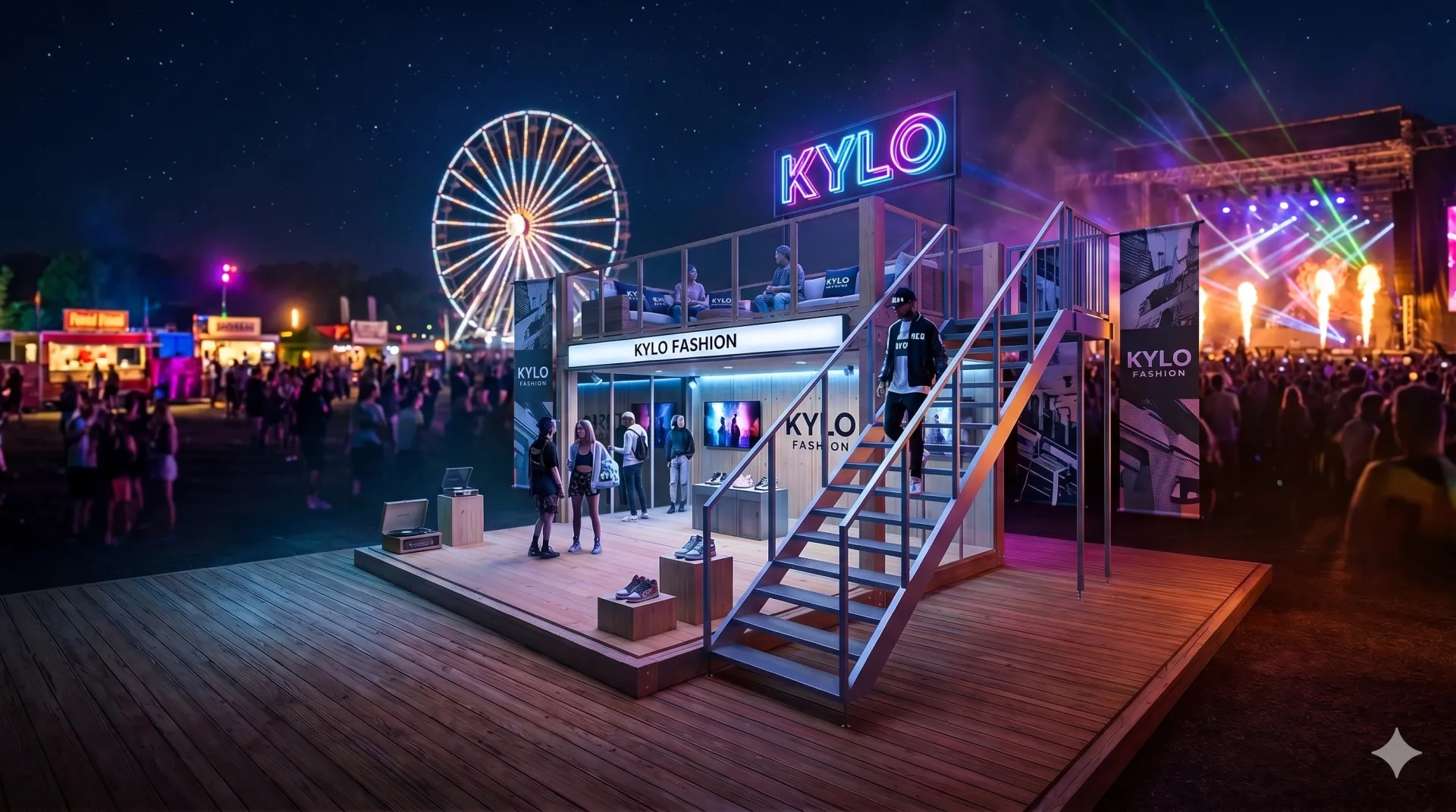 Stil trifft Funktionalität: Der Woodline - Fashion Container setzt neue Maßstäbe für Retail-Erlebnisse unter freiem Himmel. Eventcontainer aus Holz, Glasfront, Außentreppe und Dachterrasse bei Nacht auf einem Festivalgelände mit Riesenrad im Hintergrund.