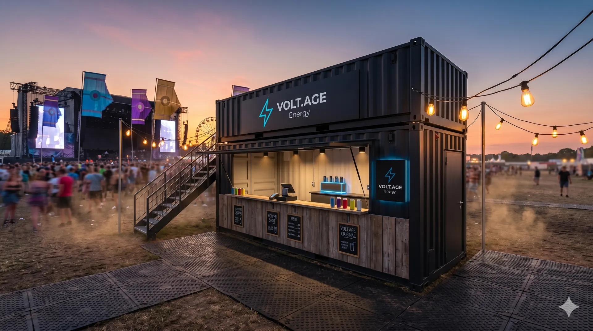 Getränke-Festivalcontainer „Volt.age“: Die perfekte Kombination aus effizientem Ausschank und exklusivem Rooftop-Feeling für Ihr nächstes Event. Ein moderner, anthrazitfarbener Getränke-Festivalcontainer mit dem Branding „Volt.age“. Das Modul zeigt eine offene Verkaufsfront mit Holzelementen, LED-Akzenten und eine Treppe, die zur optionalen Dachterrasse führt. Im Hintergrund ein belebtes Festivalgelände bei Abenddämmerung.