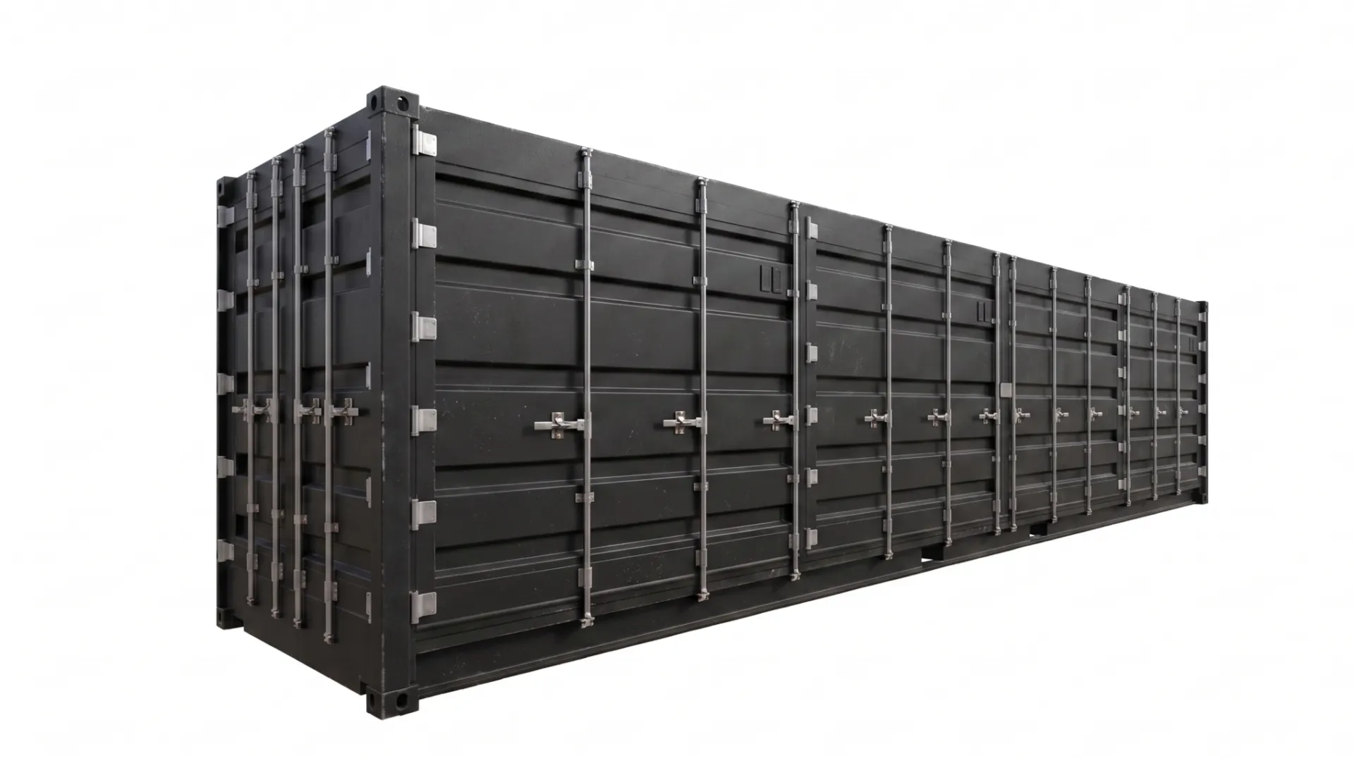 Der 40ft High Cube Open Side Container bietet durch seine zu öffnende Längsseite maximale Flexibilität bei jedem Einsatz. Schwarzer 40ft High Cube Open Side Container mit durchgehenden Seitentüren für Event und Logistik
