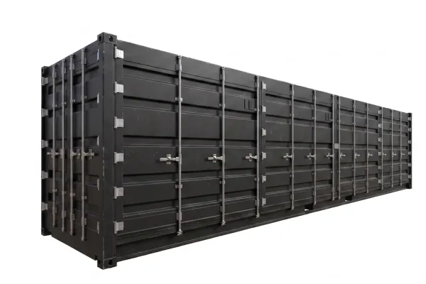 40 Fuß High Cube Open Side Container - Foto Schwarzer 40ft High Cube Open Side Container mit durchgehenden Seitentüren für Event und Logistik