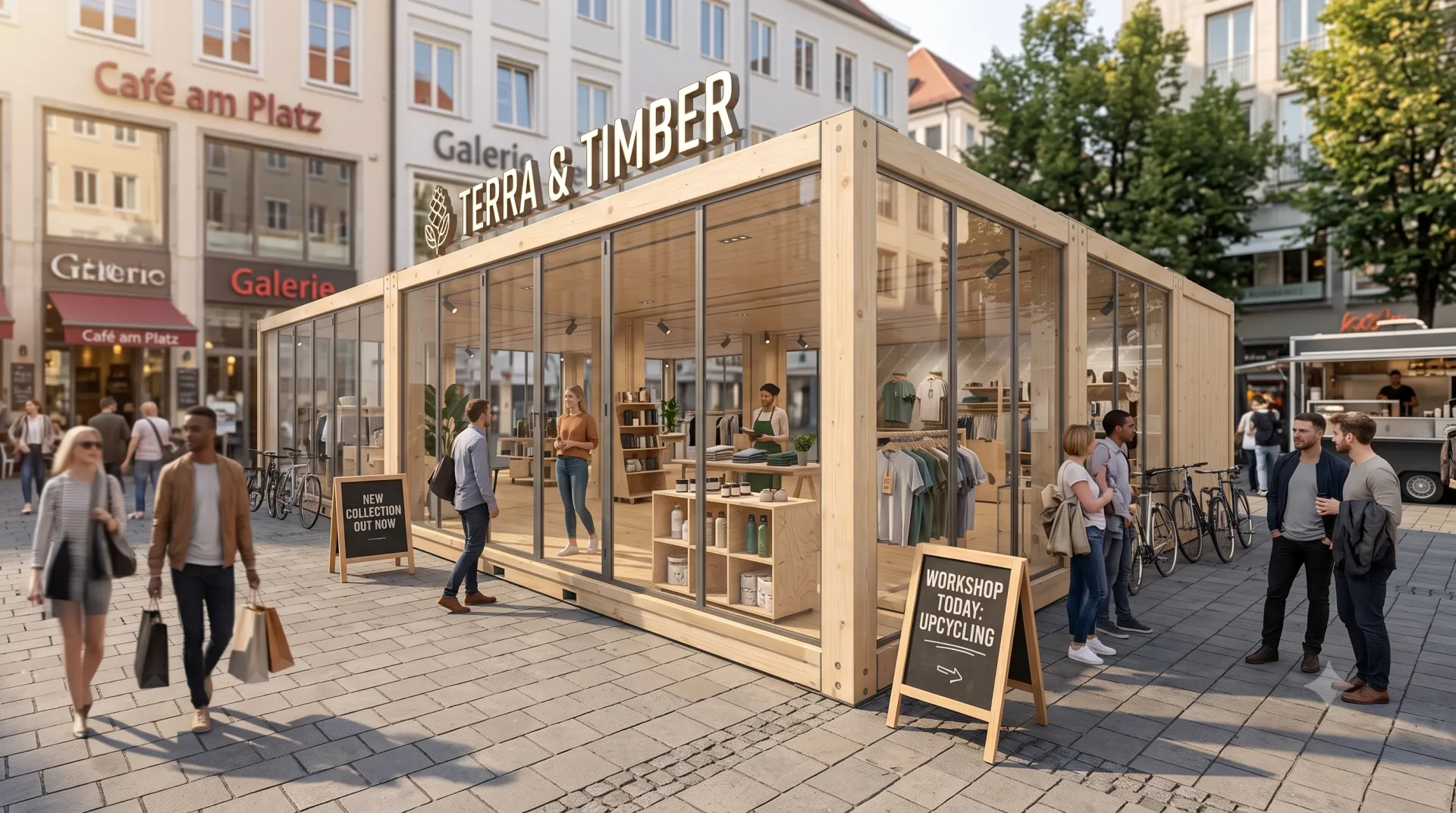Temporärer Retail neu gedacht: Der modulare Holz-Pavillon schafft transparente Präsentationsflächen auf jedem Untergrund. Moderner, modularer Holz-Pavillon aus Fichtenholz mit großflächiger Verglasung, eingerichtet als Textil- und Lifestyle-Pop-up-Store auf einem belebten Stadtplatz.