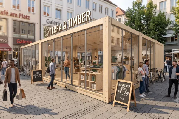 Pop-up Store Interior & Design – Modularer Holz-Pavillon - Foto Moderner, modularer Holz-Pavillon aus Fichtenholz mit großflächiger Verglasung, eingerichtet als Textil- und Lifestyle-Pop-up-Store auf einem belebten Stadtplatz.