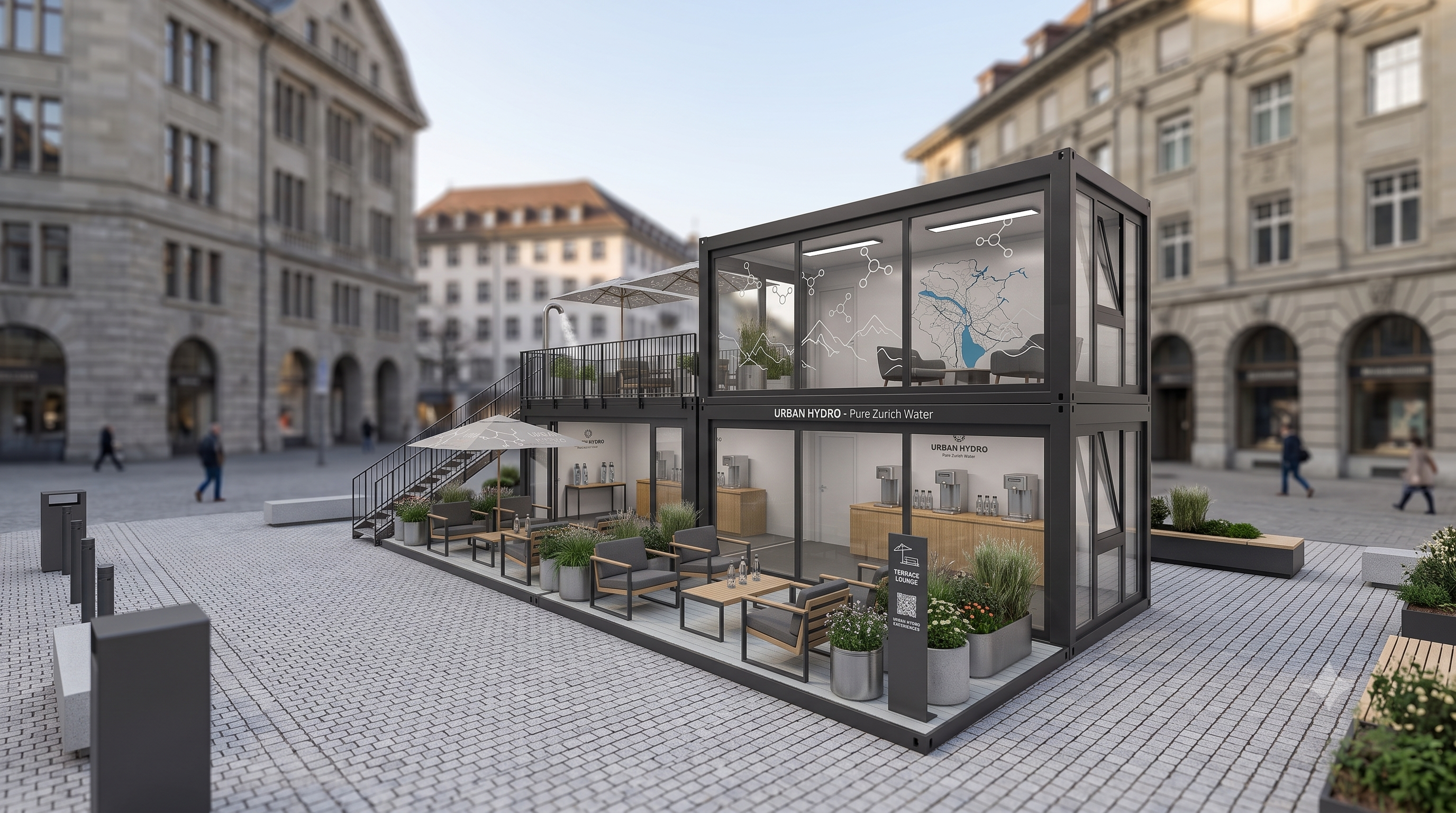 Zweistöckiger, dunkelgrauer Roadshow-Container mit dem Branding "Urban Hydro" auf einem gepflasterten Stadtplatz. Das Erdgeschoss hat bodentiefe Glasfronten und einen vorgelagerten Loungebereich mit Sesseln und Pflanzenkübeln. Eine Außentreppe führt in das verglaste Obergeschoss und auf eine Dachterrasse mit Sonnenschirmen.